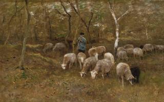 Anton Mauve - A shepherd with his flock in the woods
