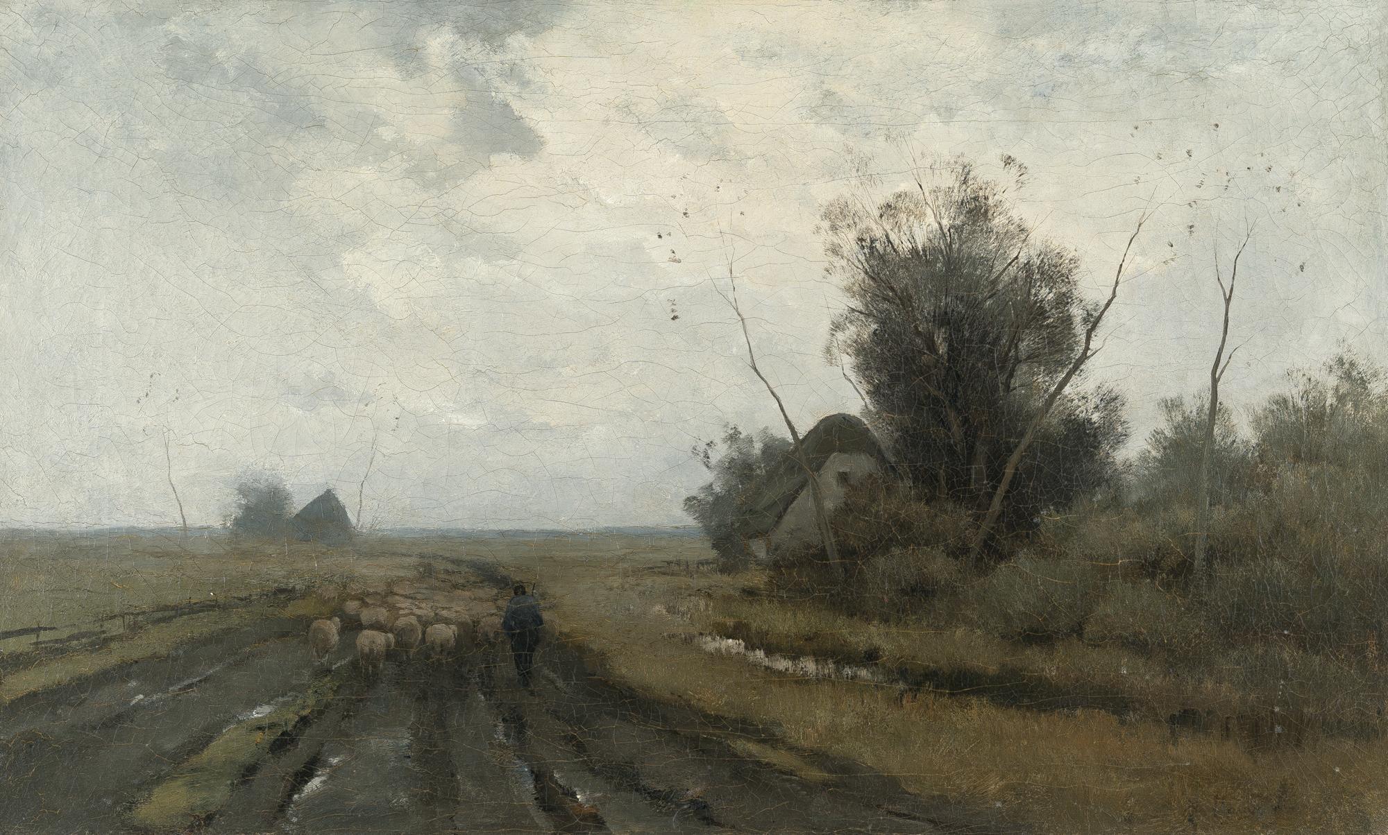 Anton Mauve - Weite Wiesenlandschaft mit heimziehender Schafherde