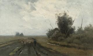 Anton Mauve - Weite Wiesenlandschaft mit heimziehender Schafherde