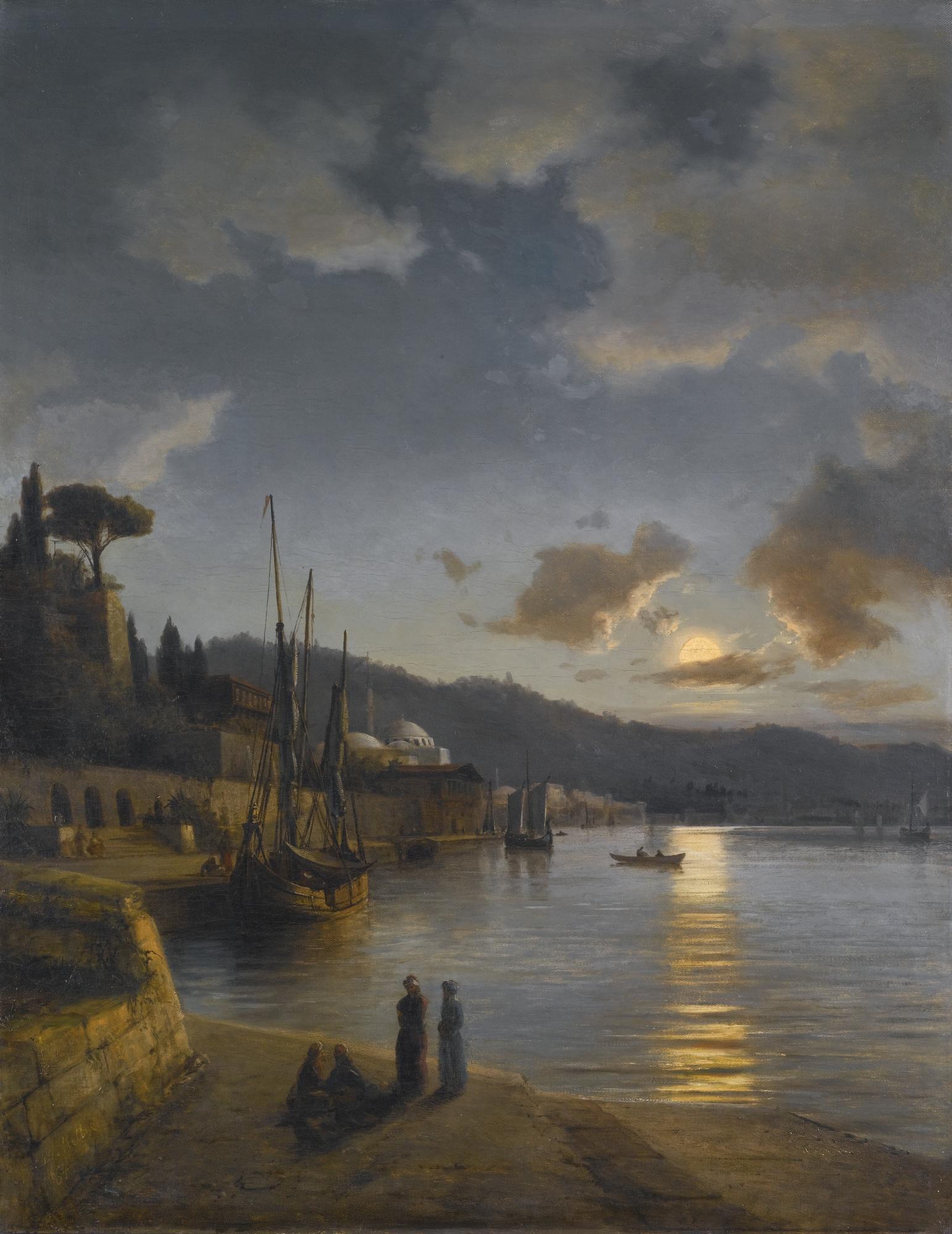 Anton Melbye - Danish A Turkish Harbour By Moonlight