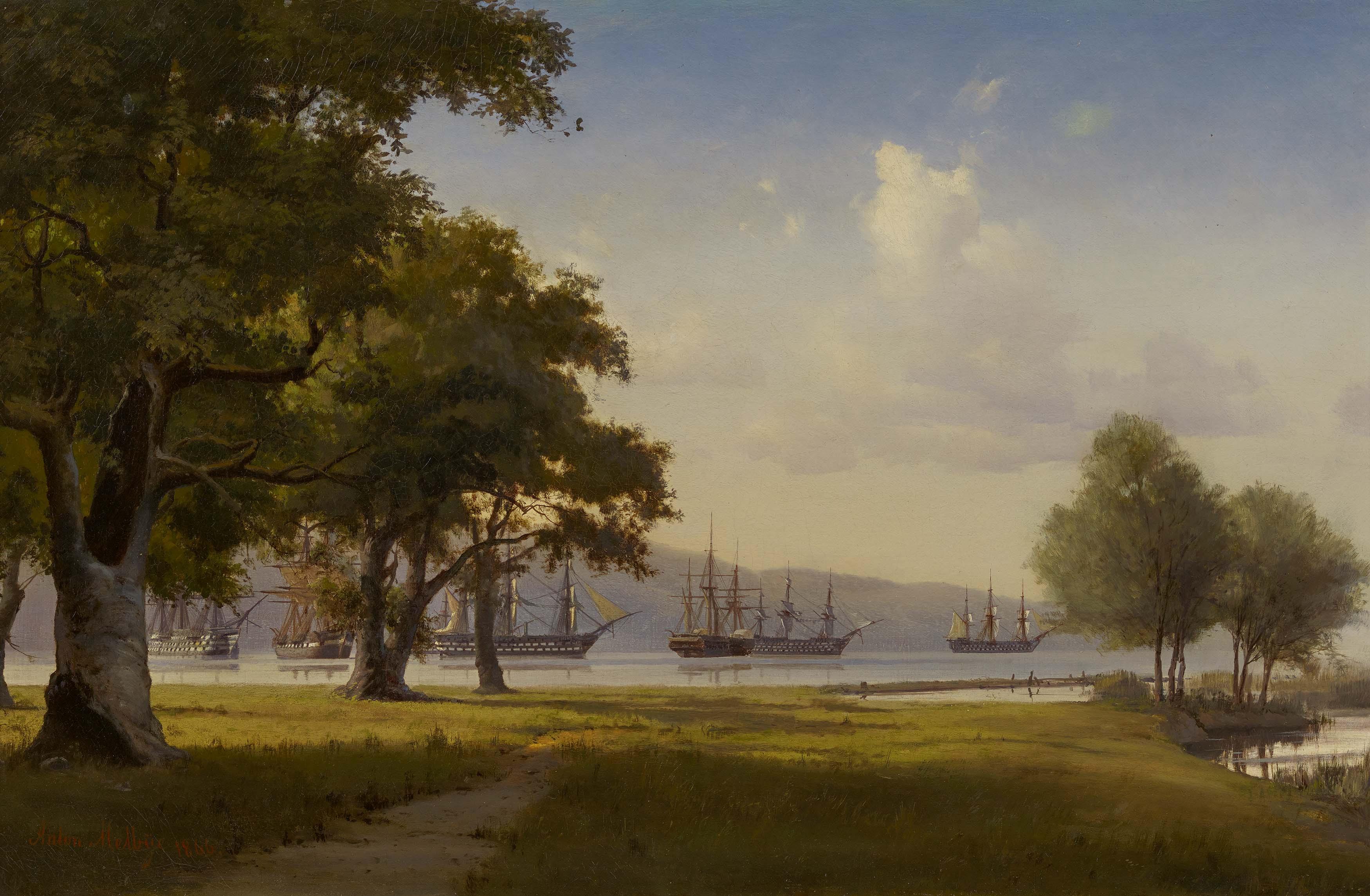 Anton Melbye - Vor Anker liegende Flotte in einer Meeresbucht.