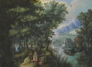 Anton Mirou - A River Landscape With Elegant Figures On A Path, A Village On The Far Bank