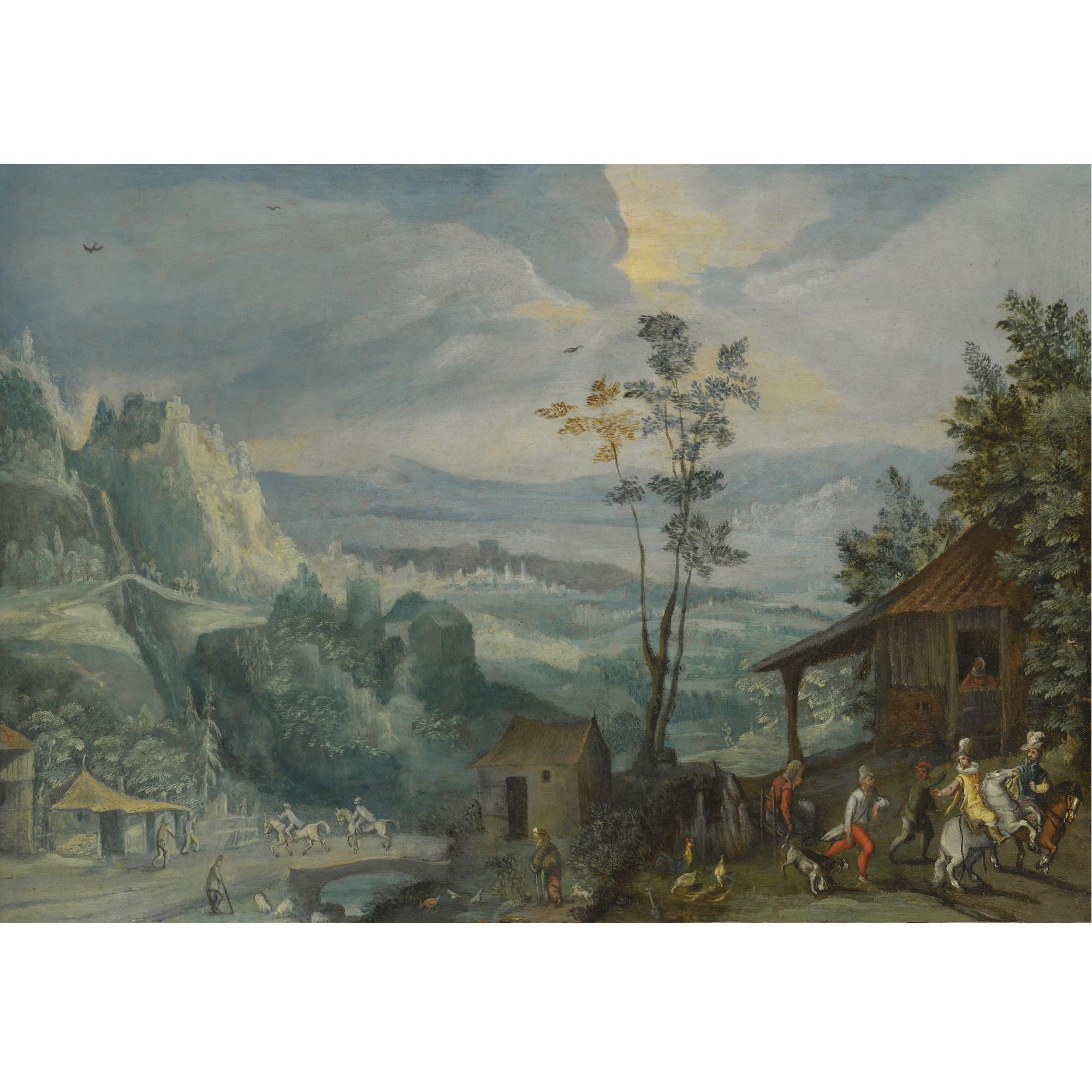 Anton Mirou - An Extensive Landscape With Villagers In The Foreground