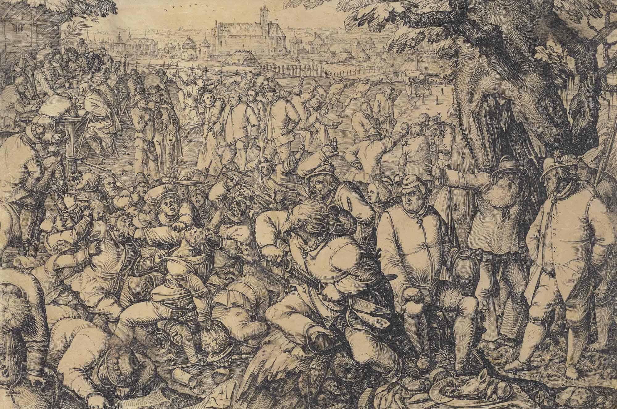 Anton Möller - A Kermesse With Men Brawling, The City Of Danzig In The Far Distance