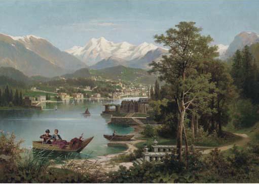 Anton Pick - Figures boating in an Austrian lake landscape