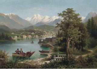 Anton Pick - Figures boating in an Austrian lake landscape