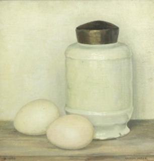 Anton Pieck - A still life with eggs and a pharmacist jar