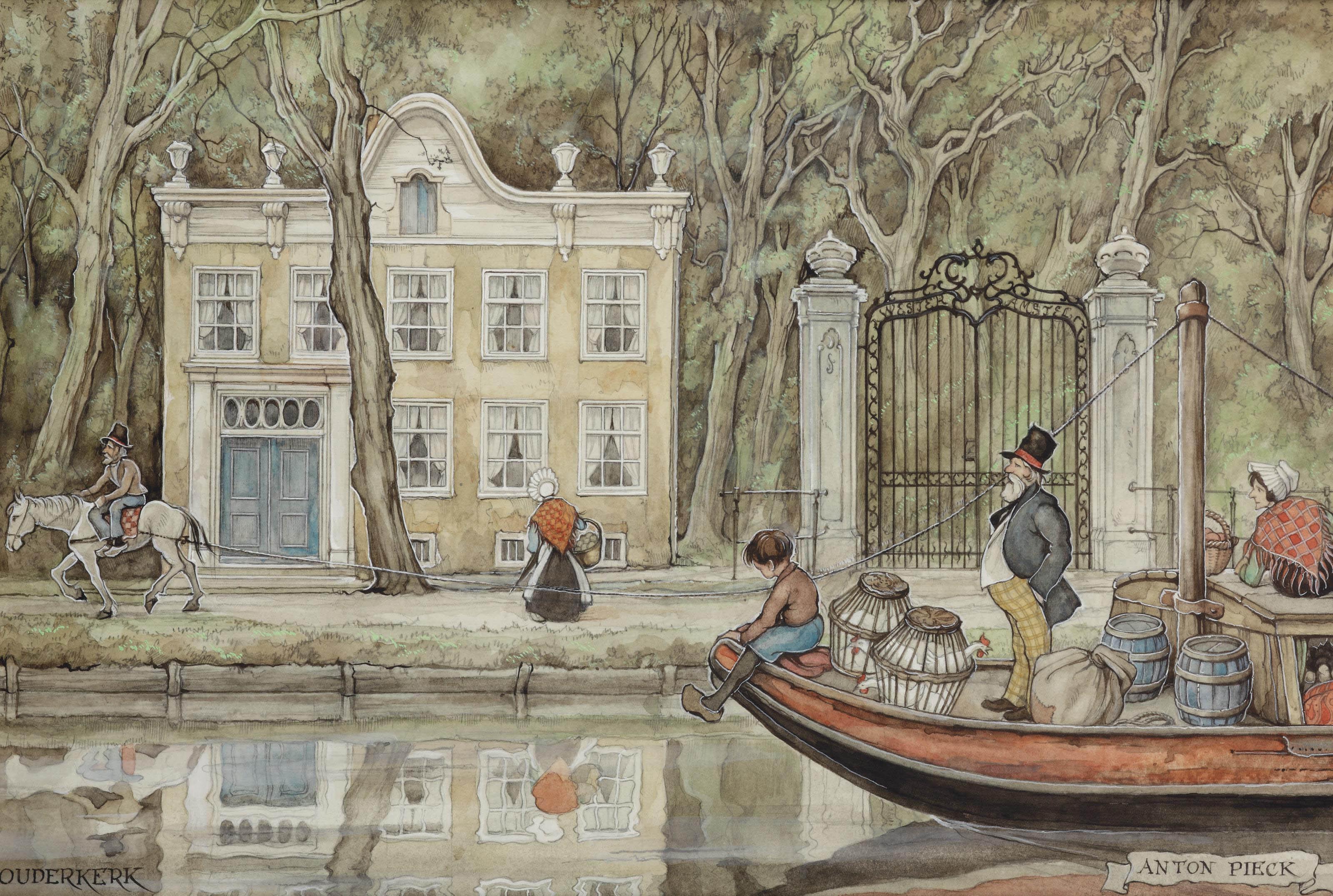 Anton Pieck - Ouderkerk; a barge on the river Amstel near Ouderkerk with the house \'Wester Amstel\'