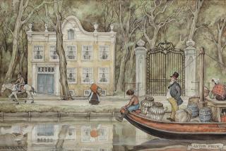 Anton Pieck - Ouderkerk; a barge on the river Amstel near Ouderkerk with the house \'Wester Amstel\'