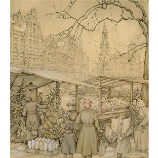 Anton Pieck - The Flowermarket At The Singel In Amsterdam Around Christmas Time