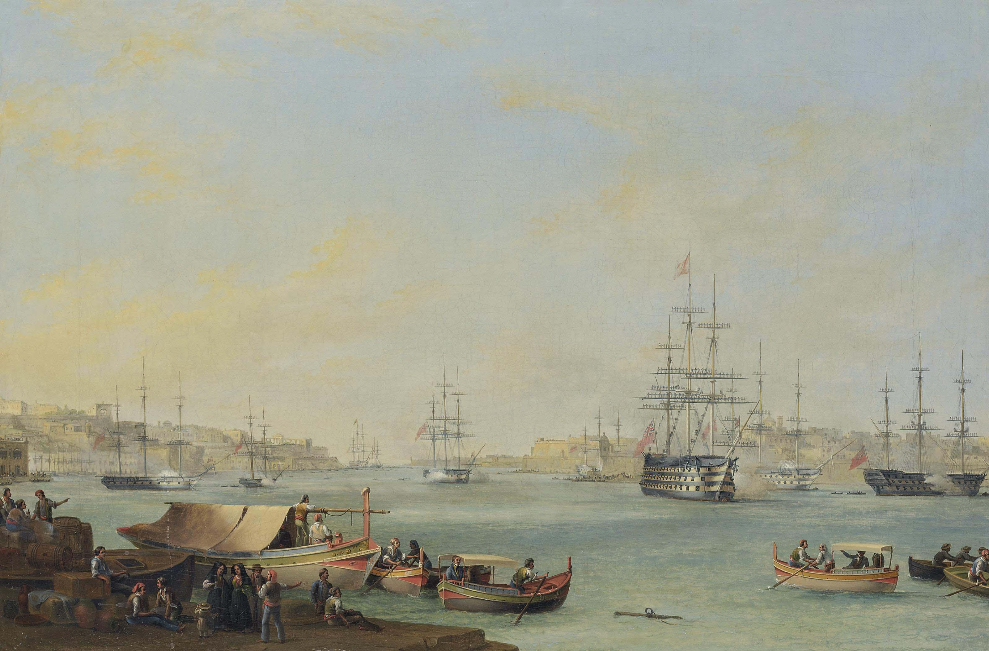Anton Schranz, Snr - The arrival of the Dowager Queen Adelaide aboard H.M.S. Hastings at the Grand Harbour, Valletta, 30 November 1838