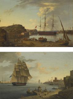 Anton Schranz - A British Frigate At Anchor, Port Mahon, Minorca; A British Frigate Leaving Port Mahon, Minorca