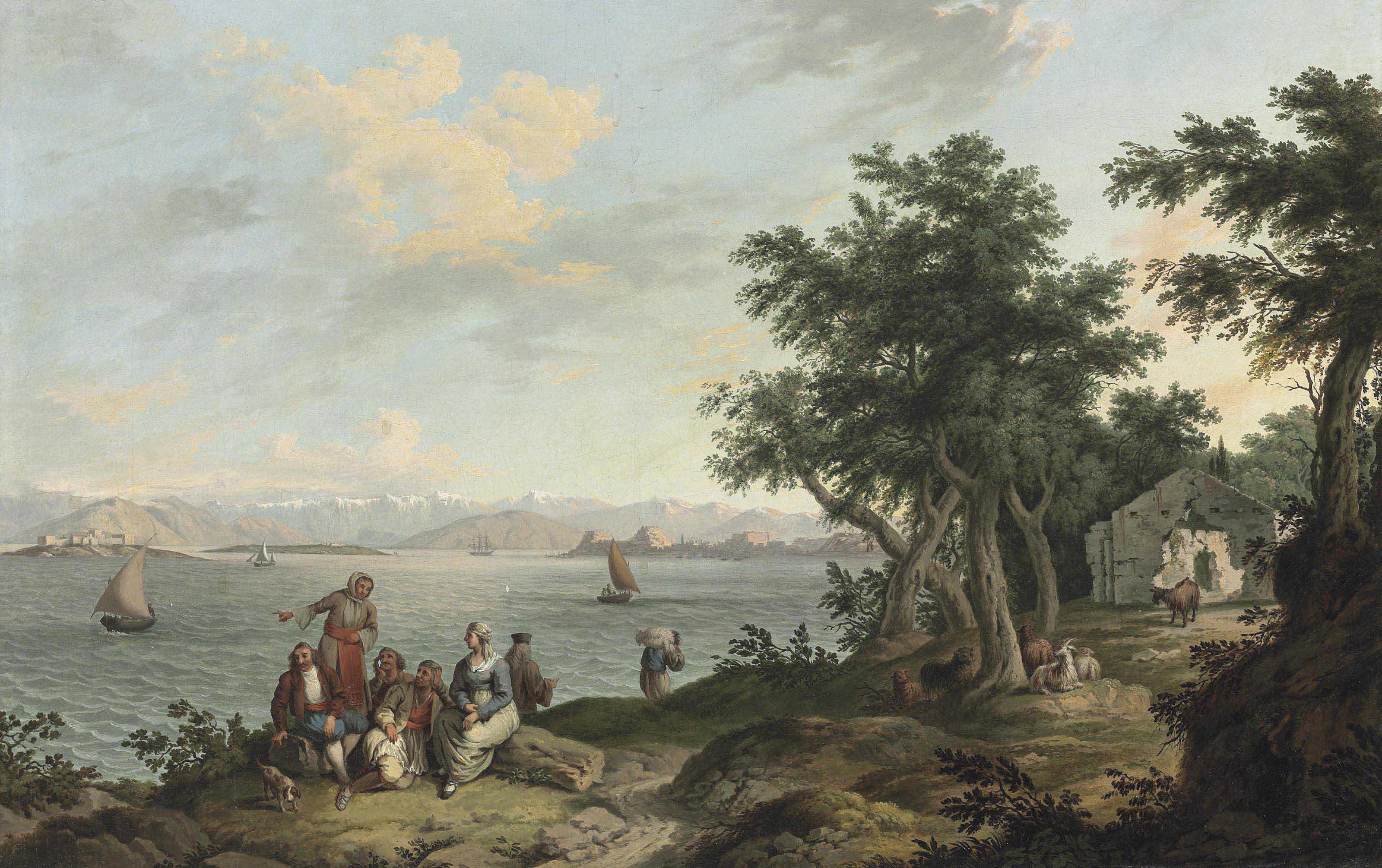 Anton Schranz - View of the Port of Corfu from the Island of Vido, with peasants and goats resting on the shoreline in the foreground