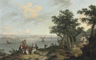 Anton Schranz - View of the Port of Corfu from the Island of Vido, with peasants and goats resting on the shoreline in the foreground