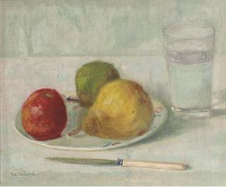 Anton Smeerdijk - Fruitstilleven - A still life with pears and an apple on a plate