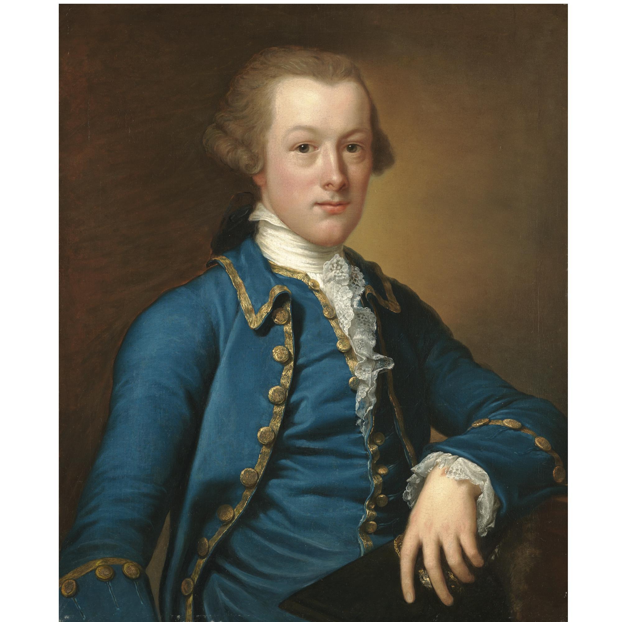 Anton Von Maron - Portrait Of A Gentleman, Half Length, Wearing A Blue Coat And Waistcoat, Holding A Hat