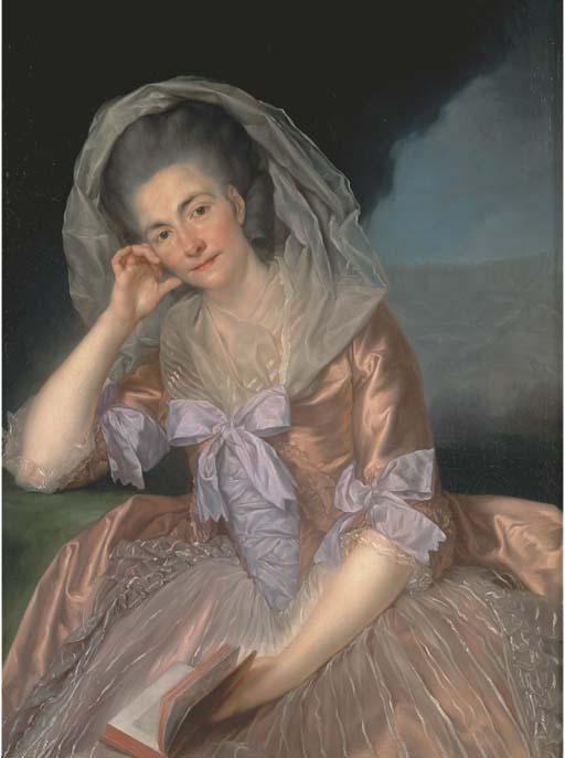 Anton Von Maron - Portrait of Elizabeth Hervey (1733-1800), Wife of The 4Th Earl of Bristol, Three-Quarter-Length, Seated In A Salmon Pink Dress With Lilac Bowes, The Giant\'S Causeway, Co. Antrim Beyond