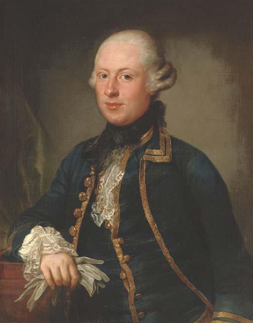 Anton Von Maron - Portrait of Thomas Charles Bigge (C.1739-1794), of Benton House, Northumberland, Half-Length, In A Blue Coat With Gold Trim, Holding A Pair of Gloves In His Right Hand, Beside A Plinth