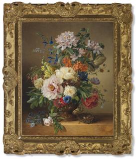 Anton Weiss - A Peony, Rhododendron, Azalea, Antirrhinum And Larkspur In An In A Sculpted Urn On A Stone Ledge With A Bird\'S Nest