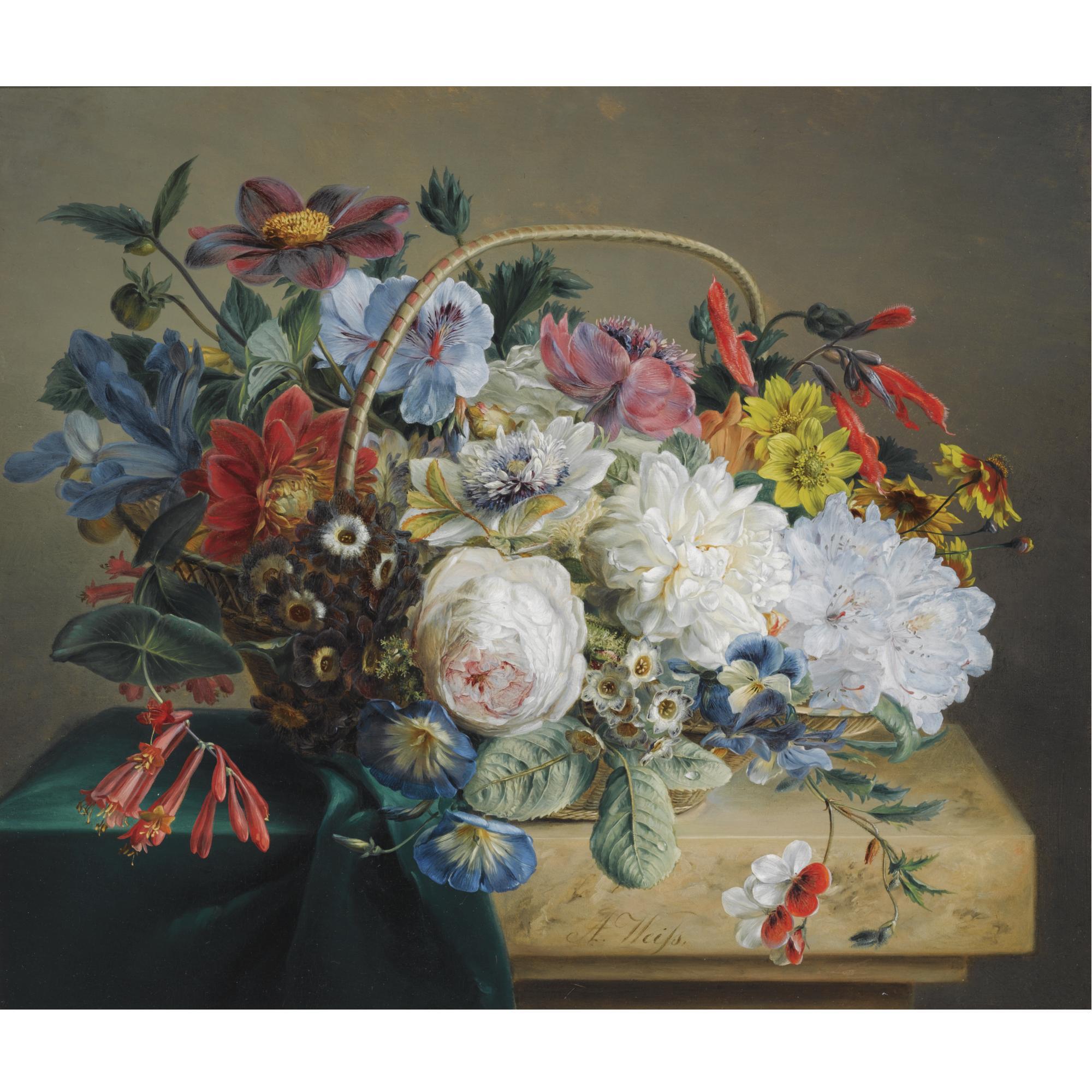 Anton Weiss - Austrian Flowers In A Basket On A Ledge