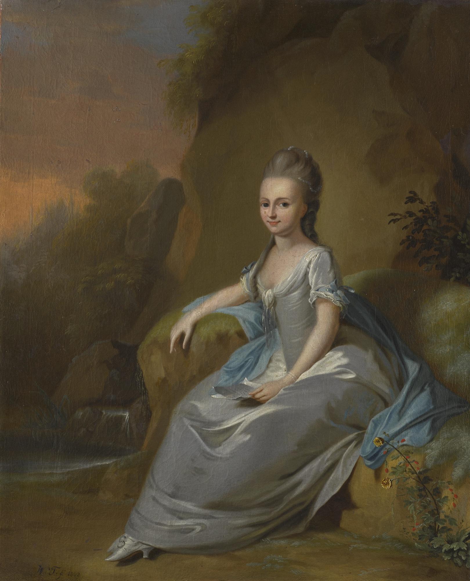 Anton Wilhelm Tischbein - Portrait Of Elisabeth Von Breitenbach, Wearing A Blue Dress, Seated In A Landscape