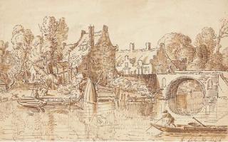 Antoni Latombe - Un paysage avec un village et un pont enjambant une rivière, un personnage sur une barque au premier plan