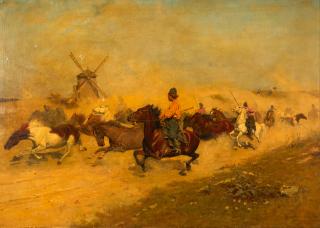 Antoni Piotrowski - Un Convoi de Chevaux framed 78.0 x 103.0 x 5.0 cm (30 5/7 x 40 3/5 x 2 in).