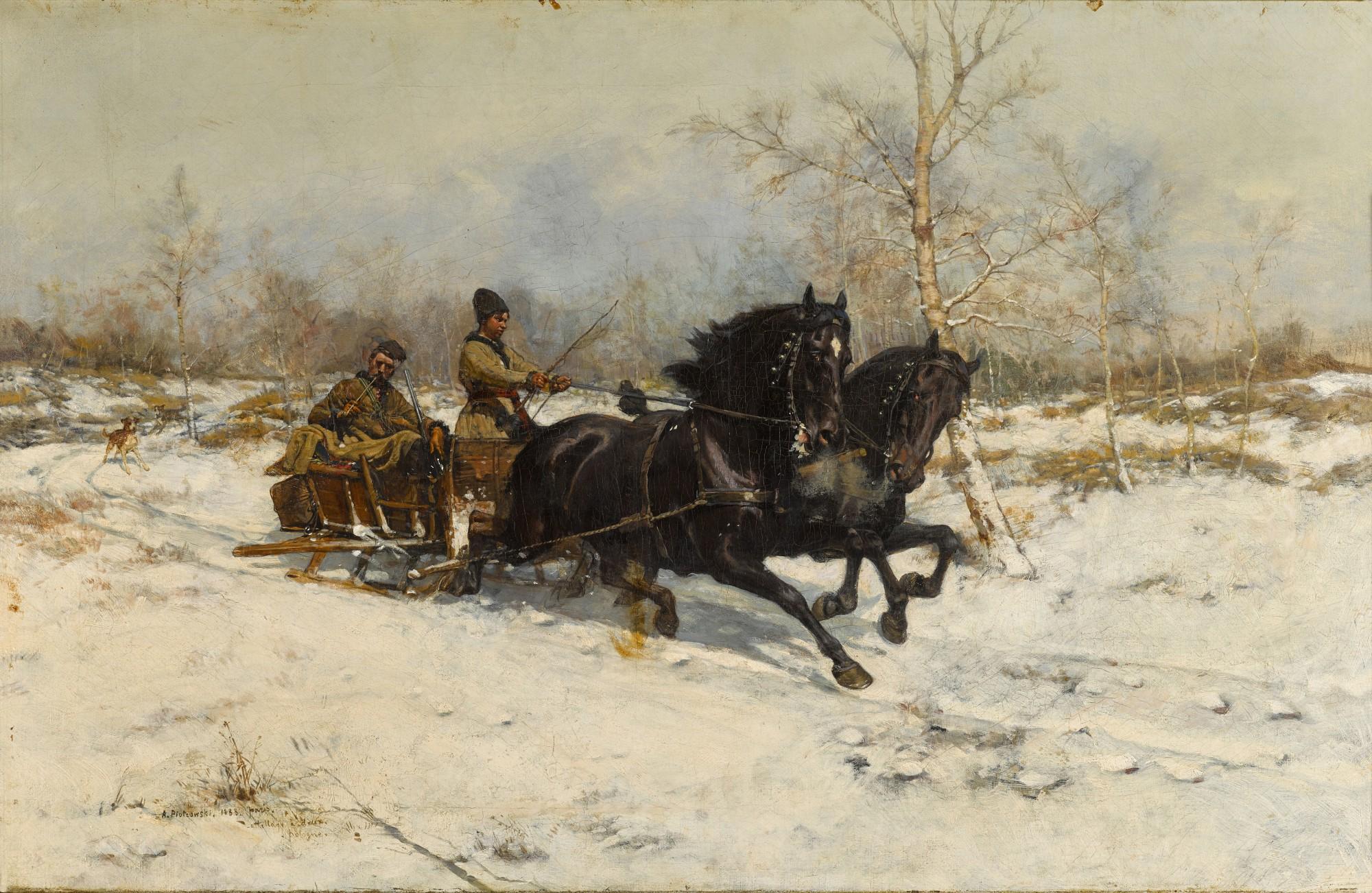Antoni Piotrowski - Winter landscape with a Horse Drawn Carriage