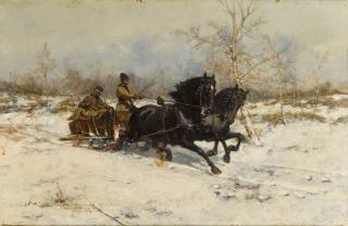 Antoni Piotrowski - Winter landscape with a Horse Drawn Carriage