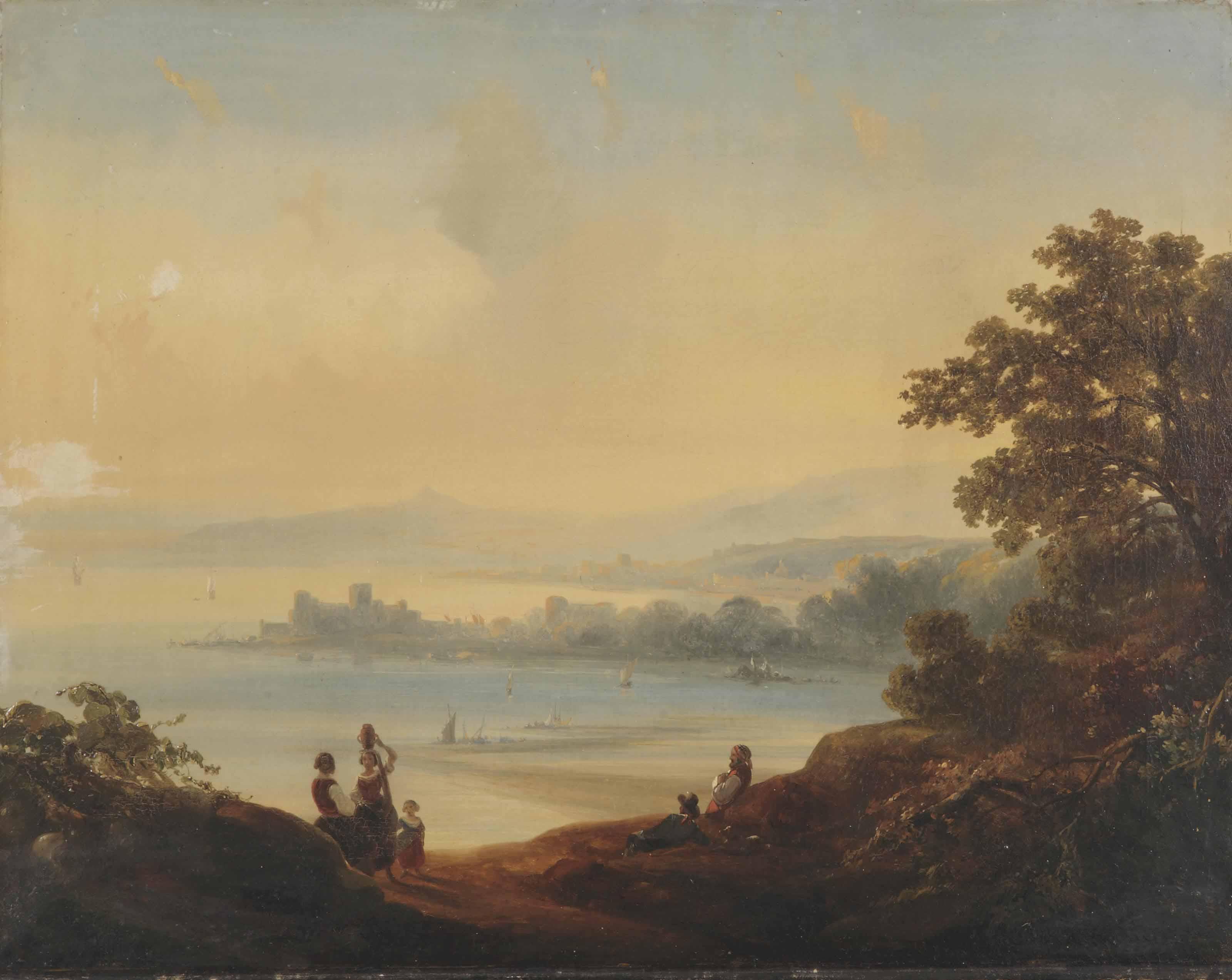 Antonie Sminck Pitloo - An Italianate Landscape With A Capriccio View Of A Bay Of Napels