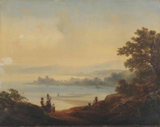 Antonie Sminck Pitloo - An Italianate Landscape With A Capriccio View Of A Bay Of Napels