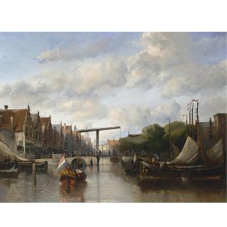 Antonie Waldorp - A Busy Canal In A Dutch Town