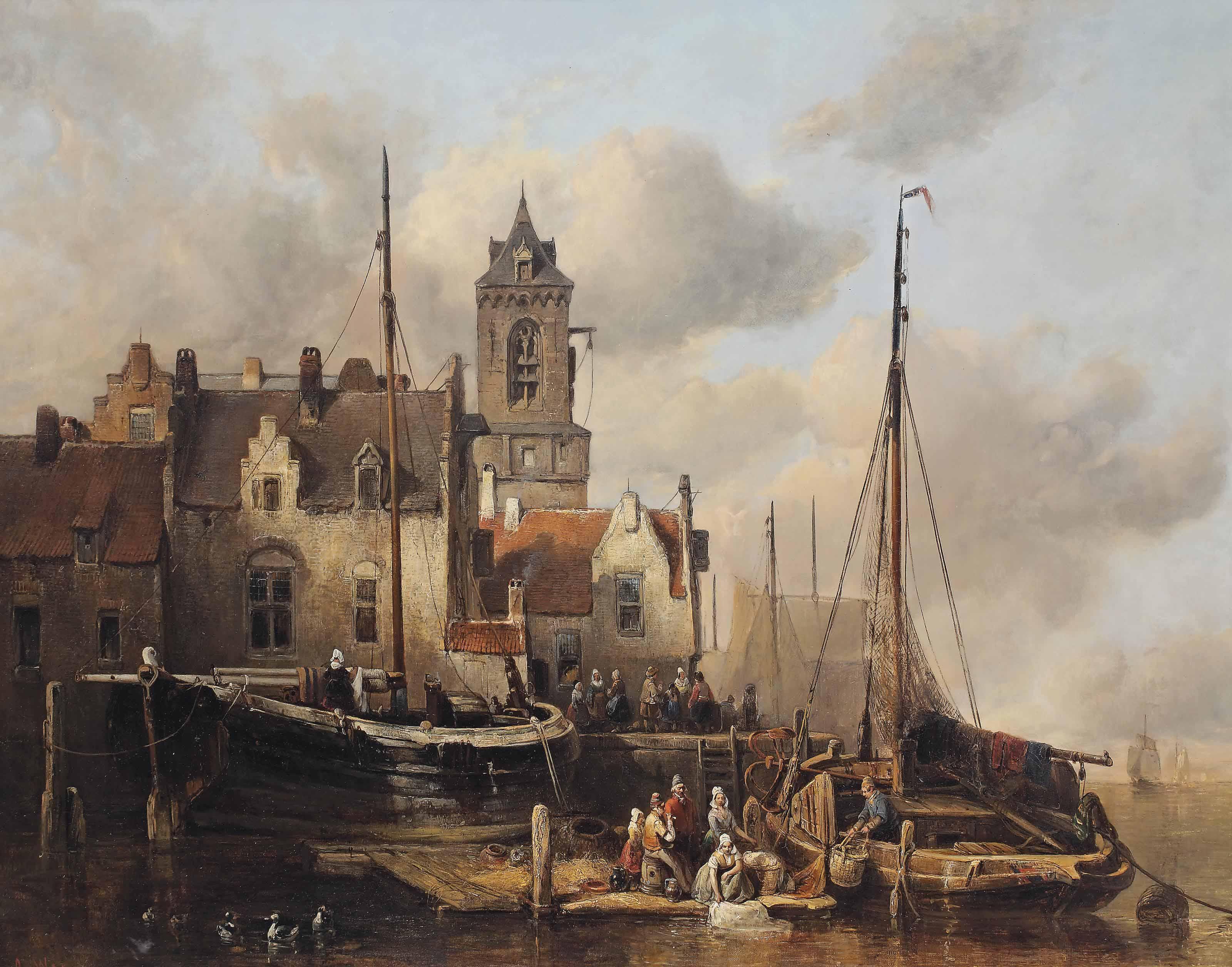 Antonie Waldorp - A busy quay in a Dutch town