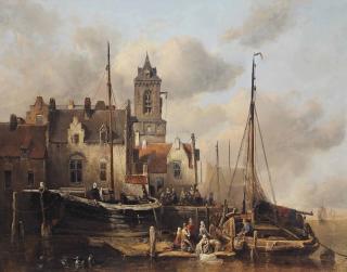 Antonie Waldorp - A busy quay in a Dutch town
