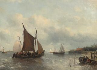 Antonie Waldorp - A crowded fishing barge tacking up a Dutch river estuary, probably the Scheldt