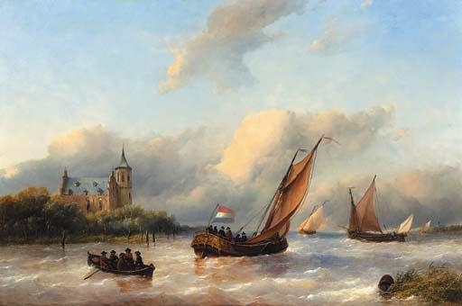 Antonie Waldorp - A royal barge on a choppy river with slot Loevestein in the background