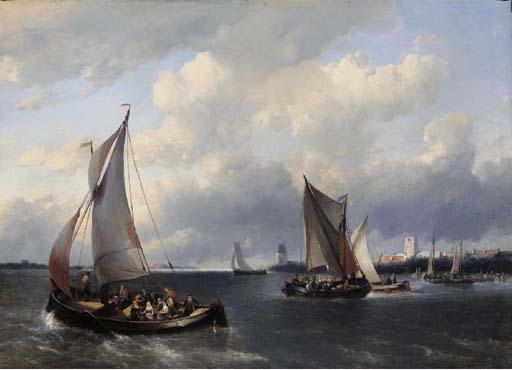 Antonie Waldorp - Sailing vessels on choppy water, a town in the distance