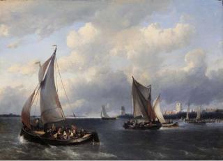 Antonie Waldorp - Sailing vessels on choppy water, a town in the distance