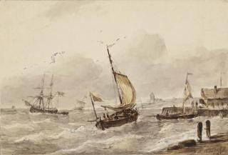 Antonie Waldorp - Ships at the harbour entrance of a Dutch town