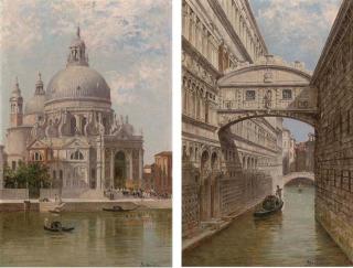 Antonietta Brandeis - A Church Procession At Santa Maria Della Salute; And A Gondolier At The Bridge of Sighs