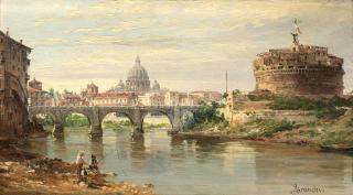 Antonietta Brandeis - Rome, figures fishing on the Tiber, Castel Sant\'Angelo and St. Peter\'s Basilica beyond; Florence, Ponte alle Grazie each 15 x 25.5cm (5 7/8 x 10 1/16in).