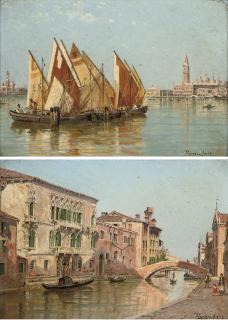 Antonietta Brandeis - Trading vessels moored before the entrance to the Grand Canal; and A Venetian backwater
