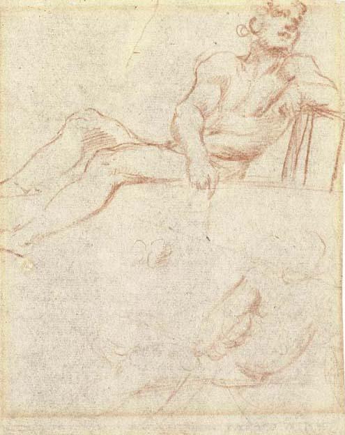 Antonio Allegri - A seated man leaning on a book, with a subsidiary study below