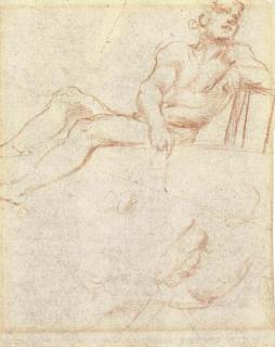Antonio Allegri - A seated man leaning on a book, with a subsidiary study below