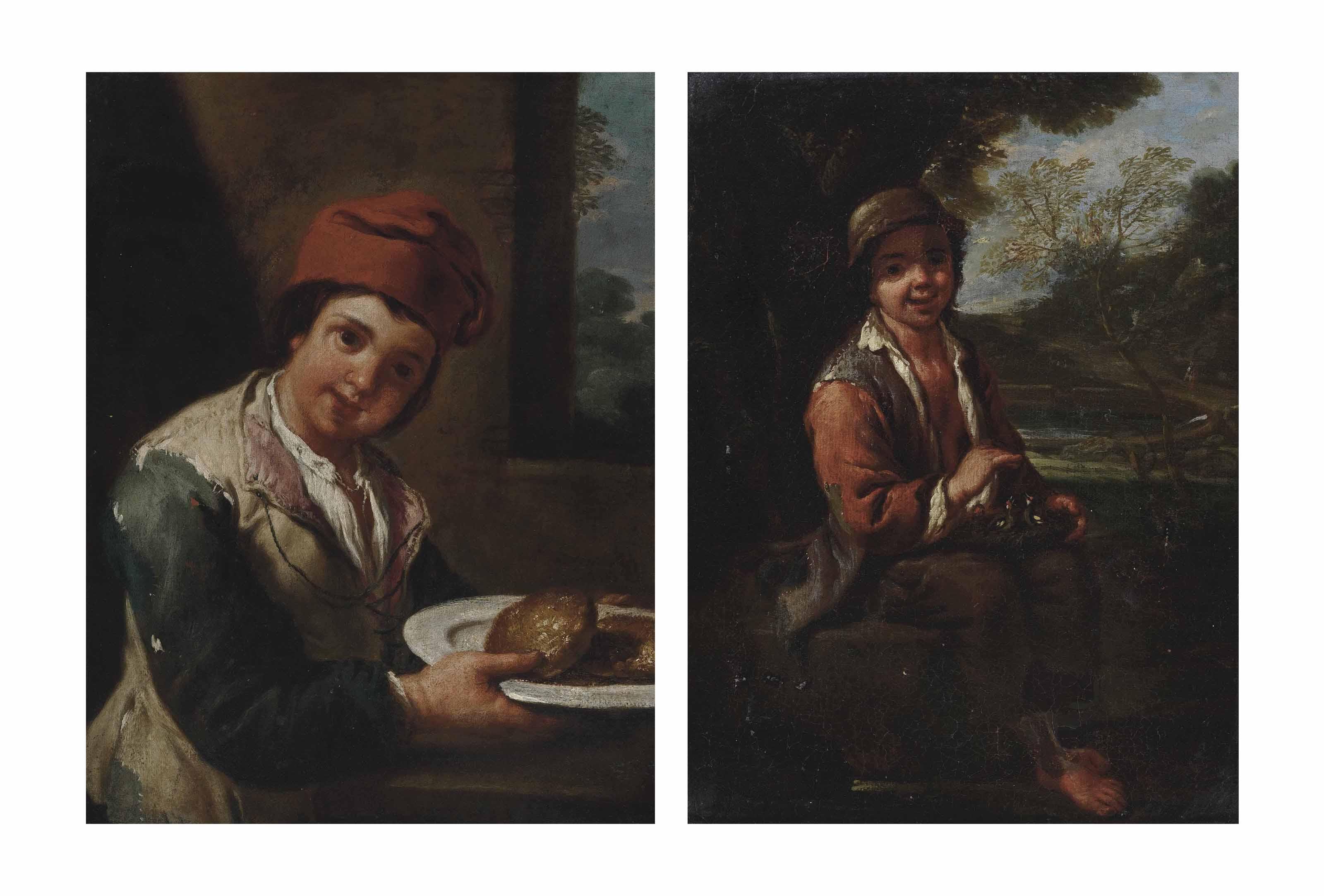 Antonio Amorosi - A Boy Holding A Plate With Bread, In An Interior; And A Boy With A Bird\'S Nest In A Landscape