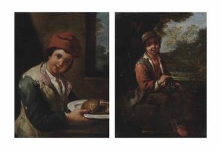 Antonio Amorosi - A Boy Holding A Plate With Bread, In An Interior; And A Boy With A Bird\'S Nest In A Landscape