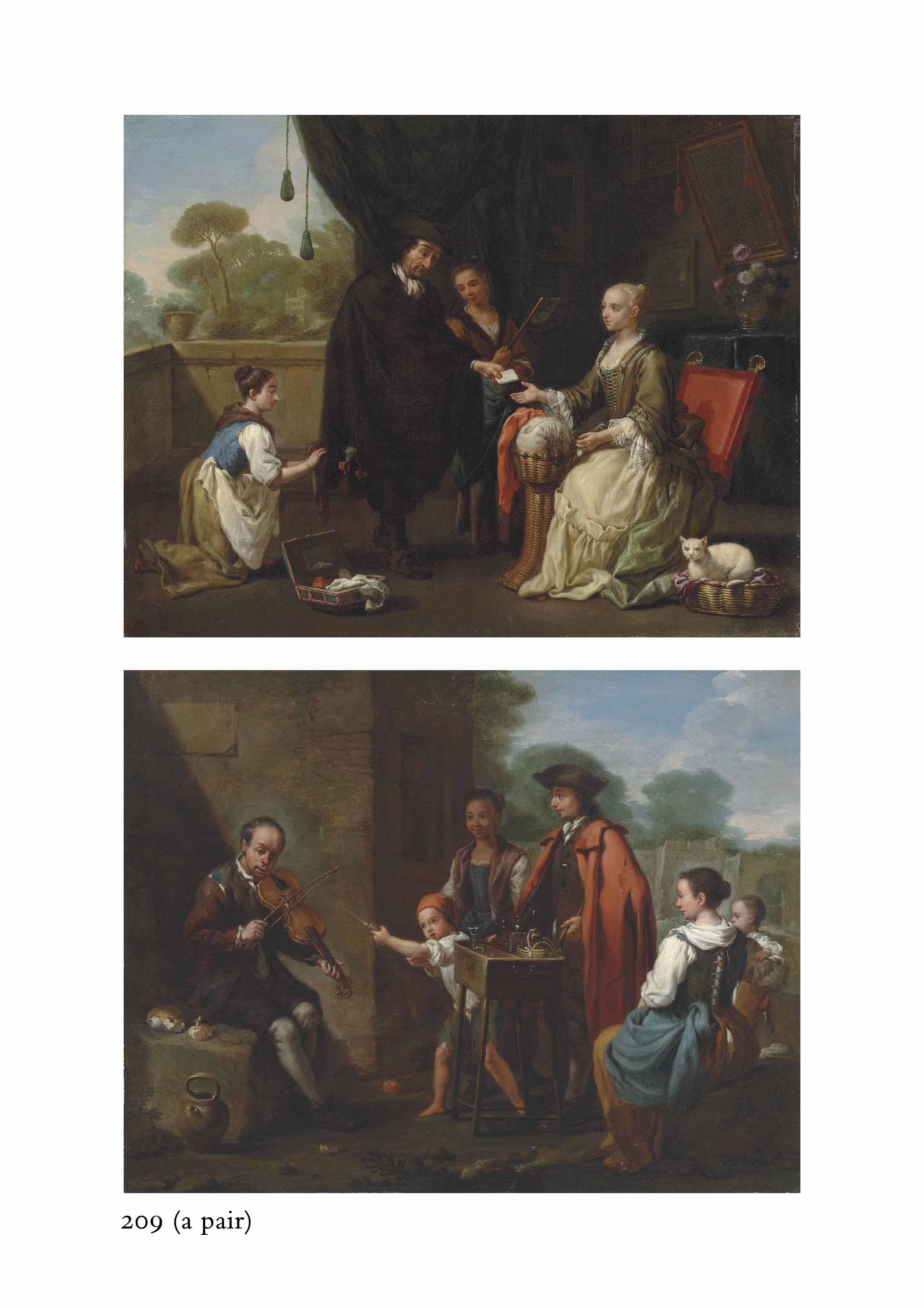 Antonio Amorosi - A Man Paying A Seamstress For Her Services; And A Fiddler And A Quacksalver With Other Figures Outside A House