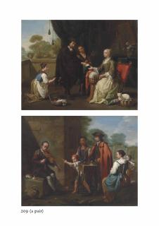 Antonio Amorosi - A Man Paying A Seamstress For Her Services; And A Fiddler And A Quacksalver With Other Figures Outside A House