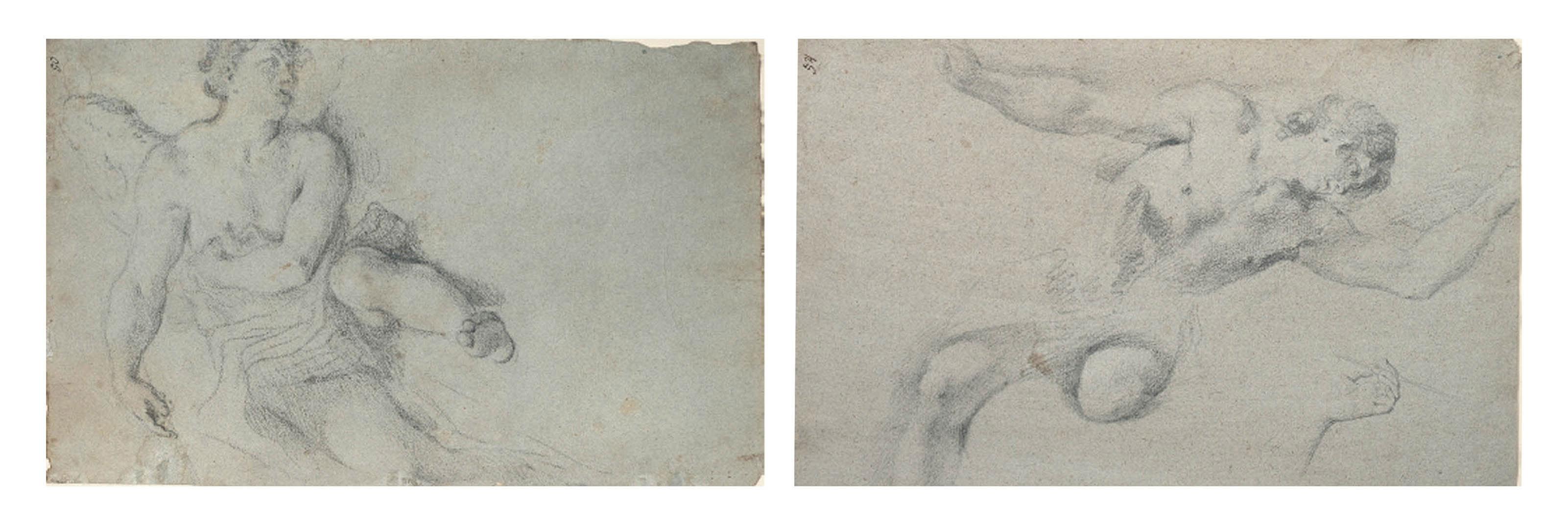 Antonio Balestra - An angel in flight (recto); Studies of hands and a man seen from behind (verso); and An angel leaning down with upraised arm