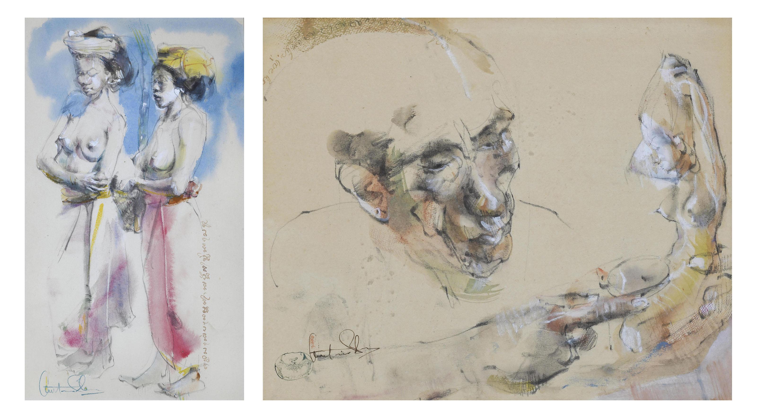 Antonio Blanco - Girls; & The Old Sculptor – Bali (Carving the figure of a nude dancer)